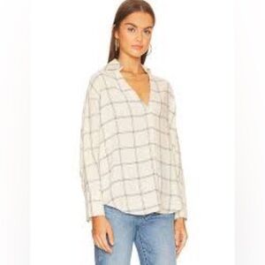 Vince v-neck plaid wool blend long sleeve pale oat blouse XS